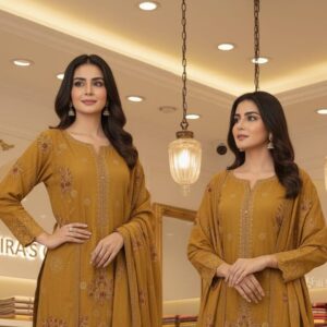 Mustard Embroidered Dhanak Suit with Matching Dupatta 3pc